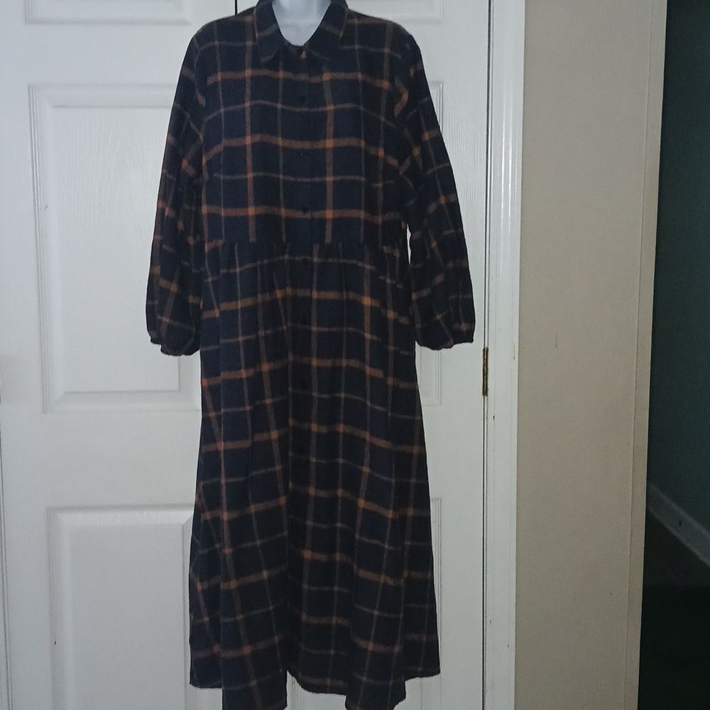 Bloomchic navy and orange flannel plaid fit flare midi dress Sz 14-16  NEW